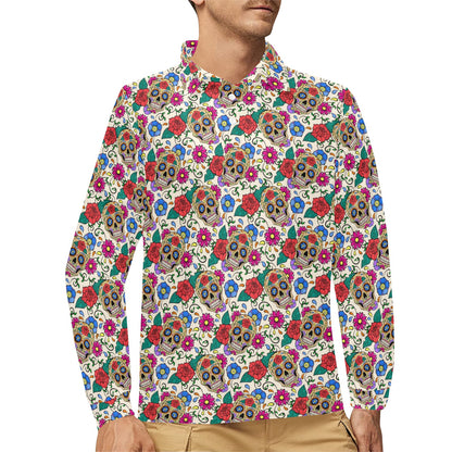 Sugar Skull Colorful Themed Print Long Sleeve Polo Shirt For Men's