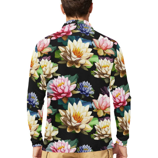Water Lily Pattern Print Design WL02 Long Sleeve Polo Shirt For Men's