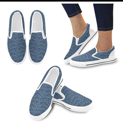 Shark Print Design LKS301 White Slip Ons Canvas Women's Shoes