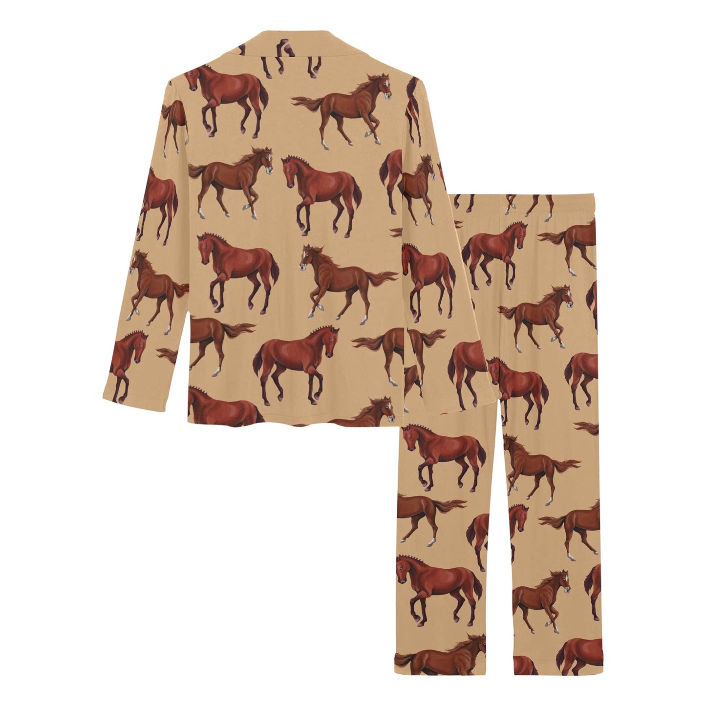 Brown Horse Print Pattern Women's Long Pajama Set