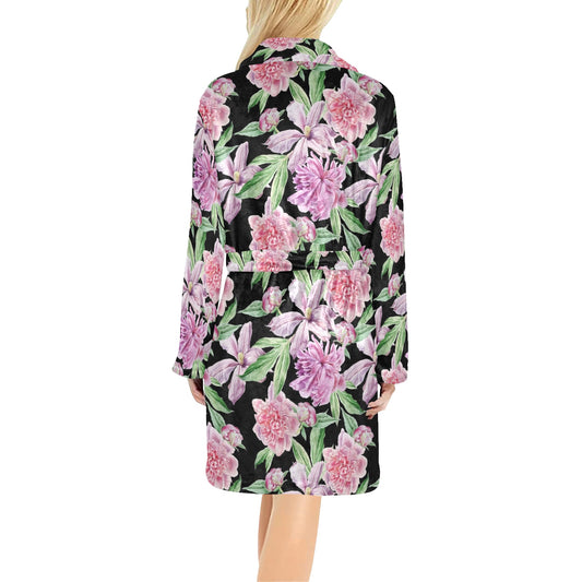 Peony Pattern Print Design PE08 Women's Fleece Robe