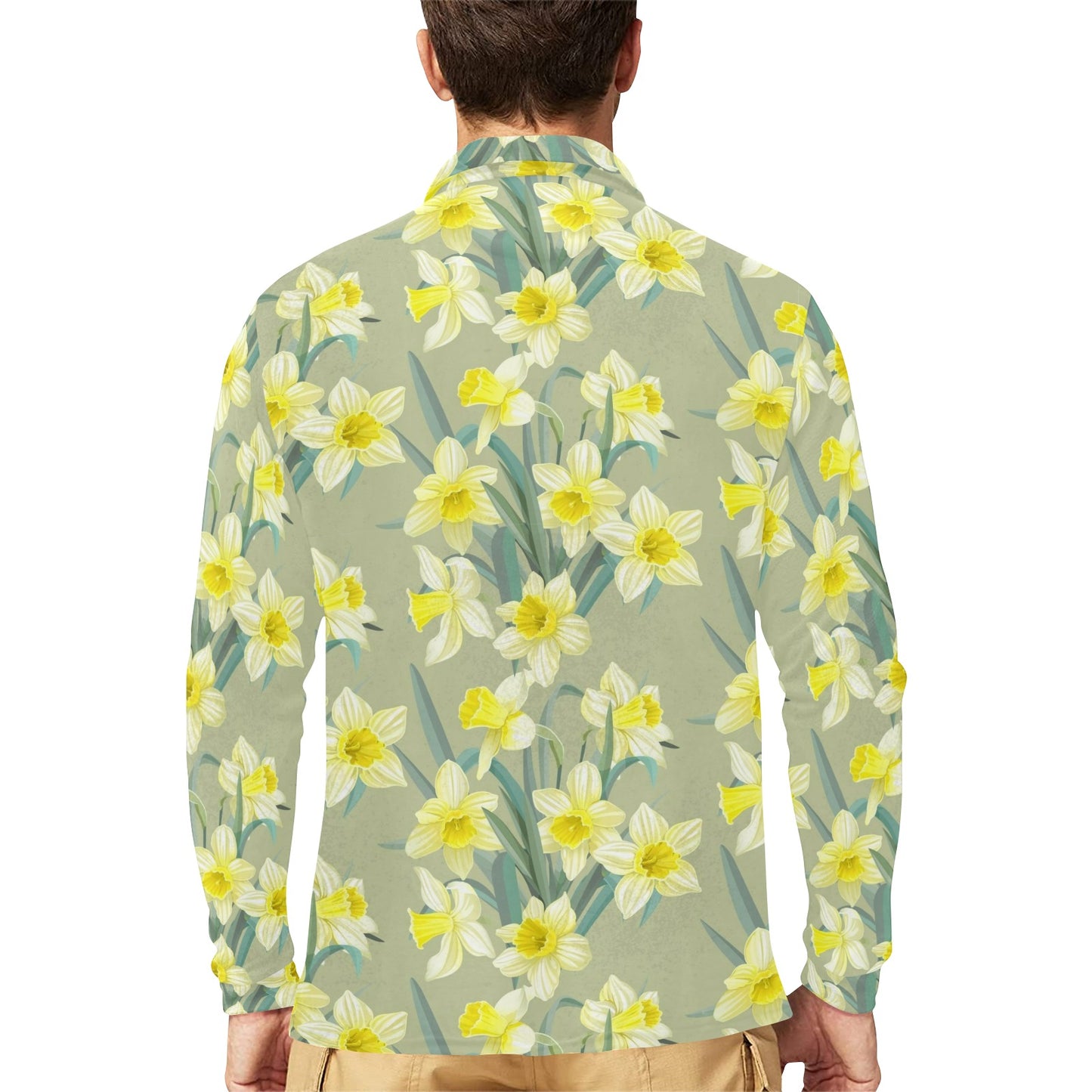 Daffodils Pattern Print Design DF01 Long Sleeve Polo Shirt For Men's