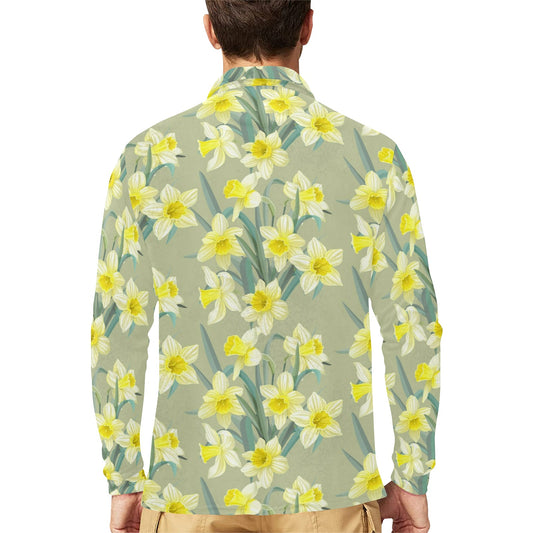 Daffodils Pattern Print Design DF01 Long Sleeve Polo Shirt For Men's