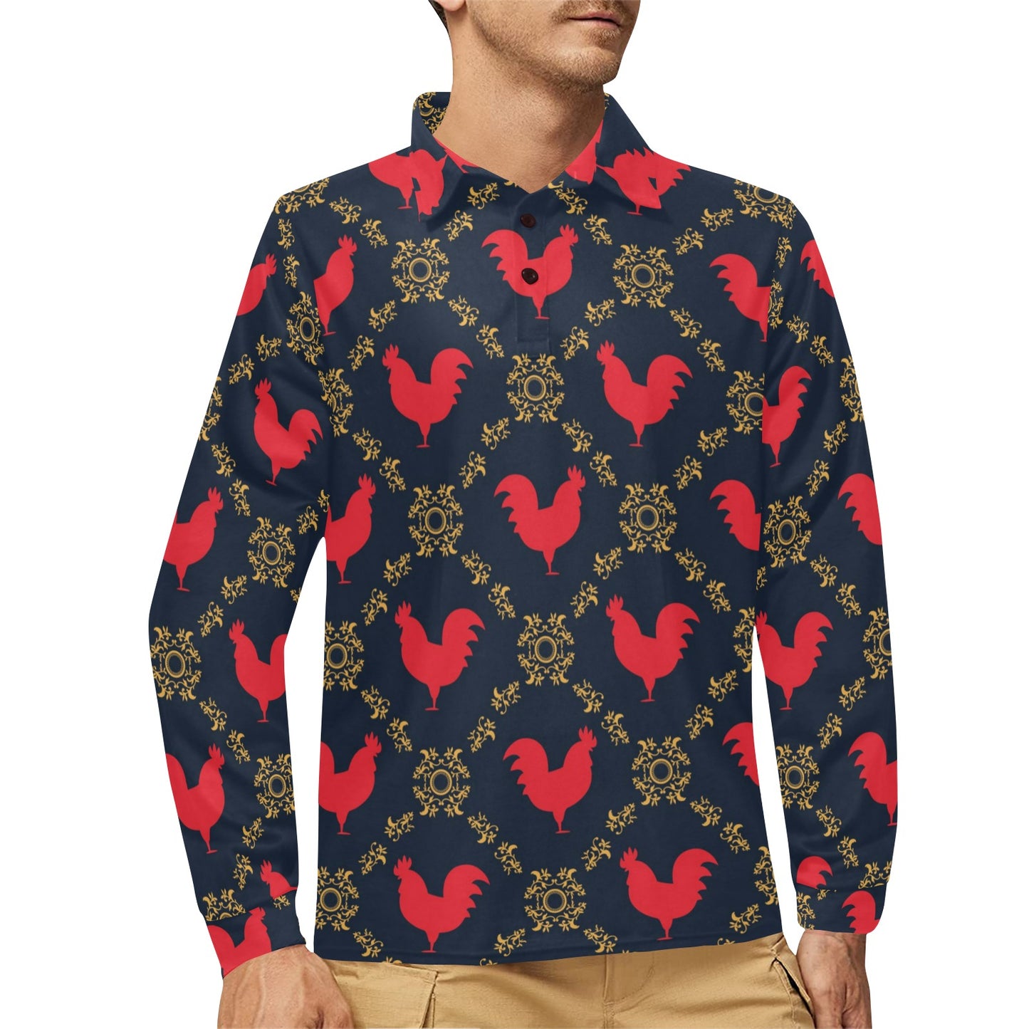 Rooster Pattern Print Design A02 Long Sleeve Polo Shirt For Men's