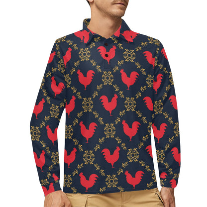 Rooster Pattern Print Design A02 Long Sleeve Polo Shirt For Men's