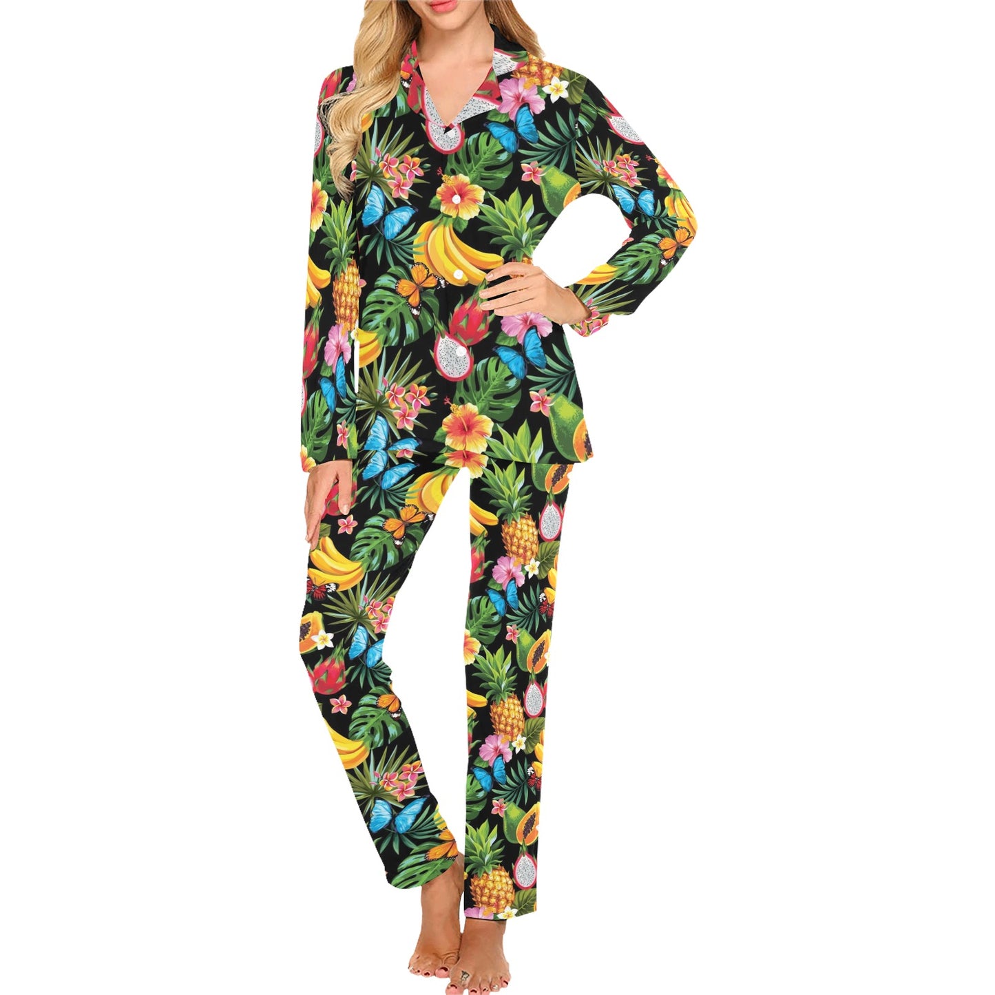 Tropical Fruits Pattern Print Design TF04 Women's Long Pajama Set
