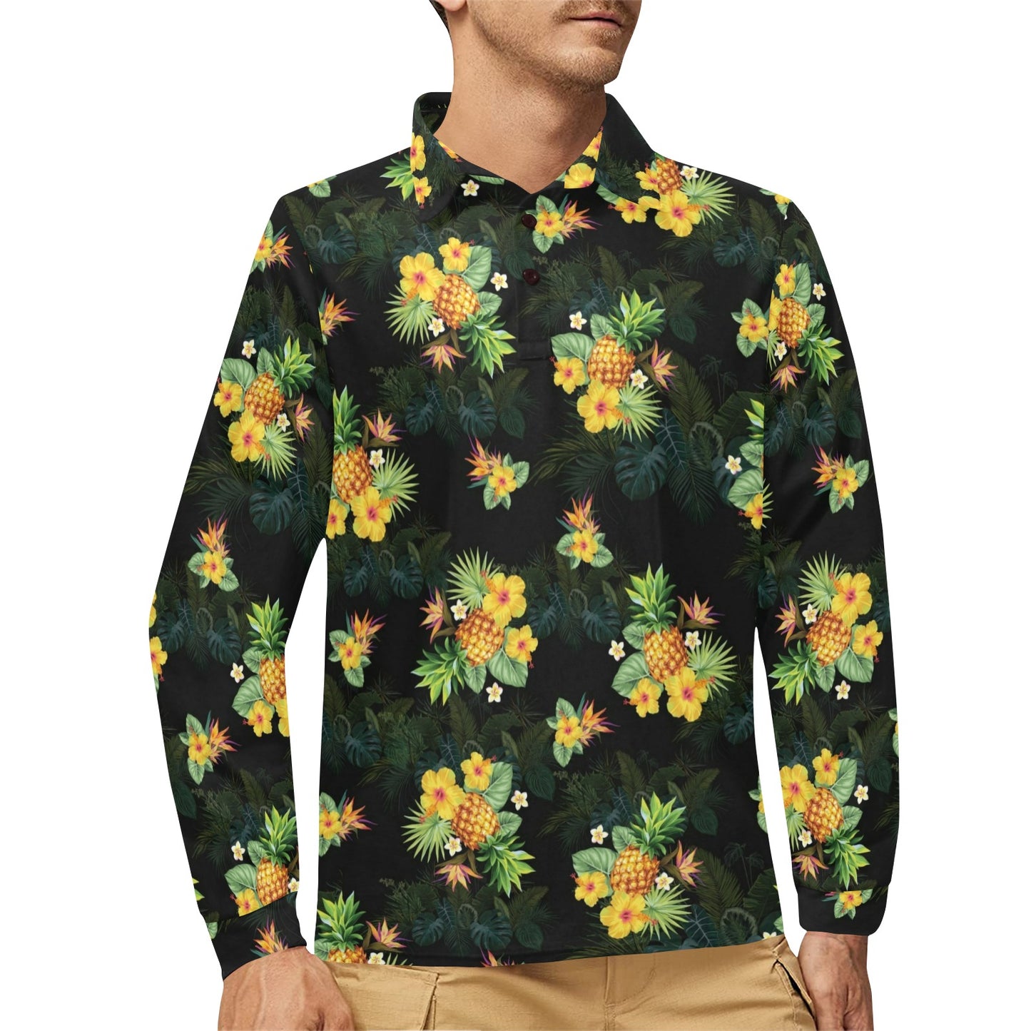Pineapple Tropical Flower Print Pattern Long Sleeve Polo Shirt For Men's