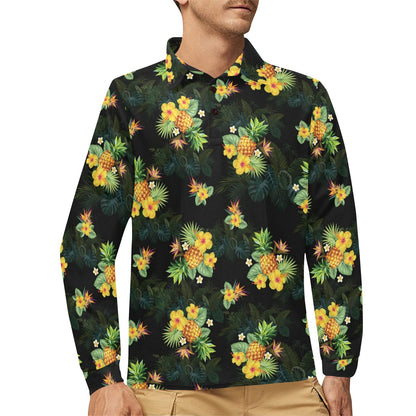 Pineapple Tropical Flower Print Pattern Long Sleeve Polo Shirt For Men's