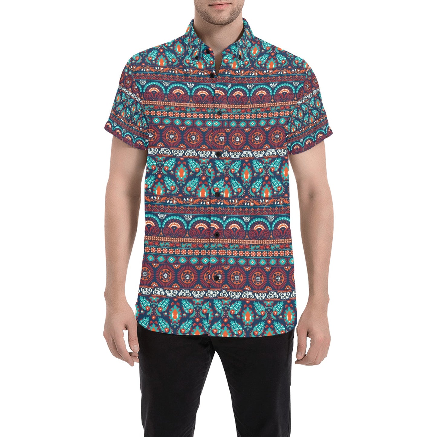 Suzani Print Design LKS302 Men Short Sleeve Button Up Shirt