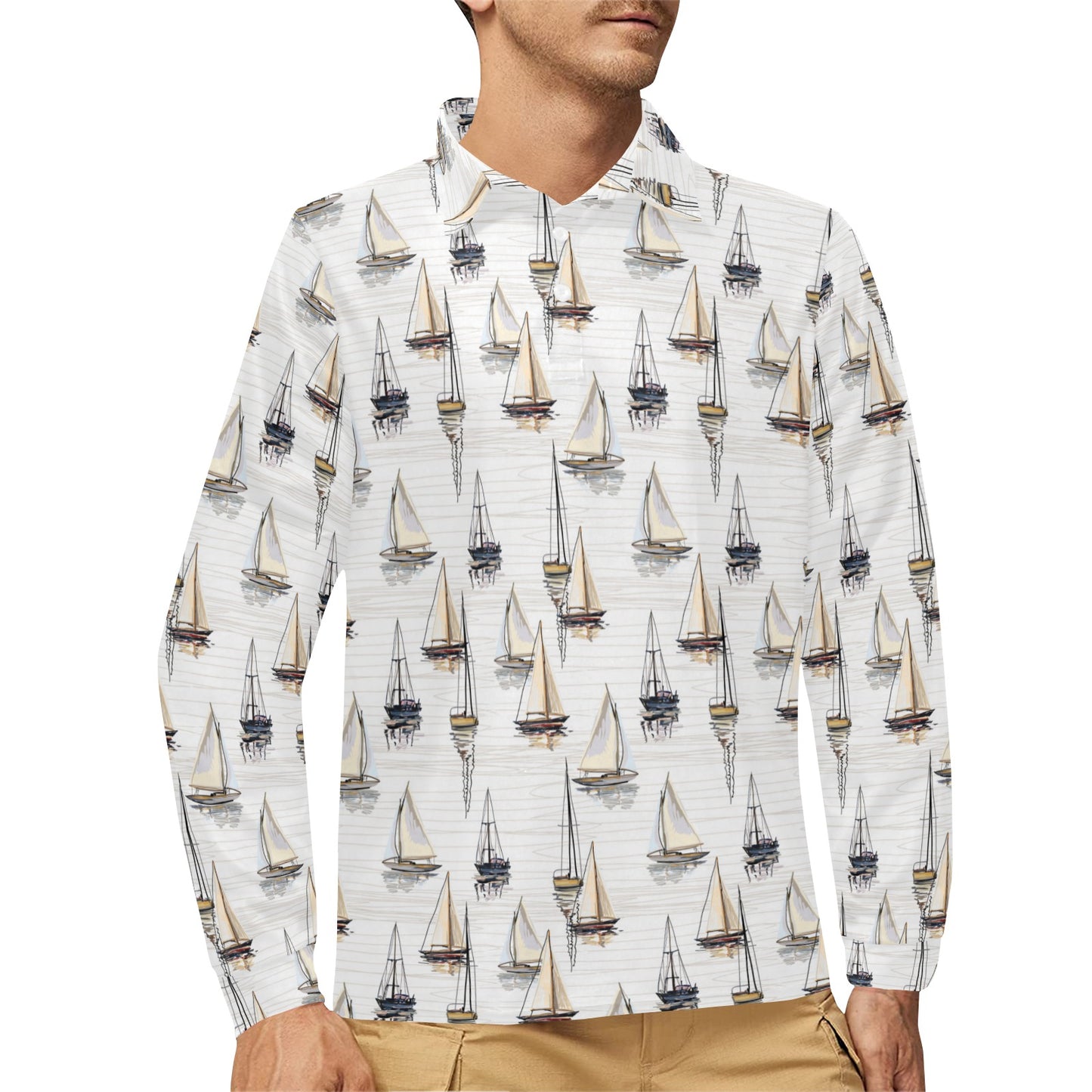 Sailboat Paint Pattern Print Design LKS307 Long Sleeve Polo Shirt For Men's