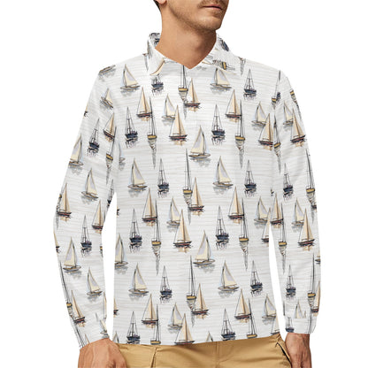 Sailboat Paint Pattern Print Design LKS307 Long Sleeve Polo Shirt For Men's