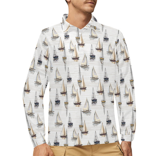 Sailboat Paint Pattern Print Design LKS307 Long Sleeve Polo Shirt For Men's