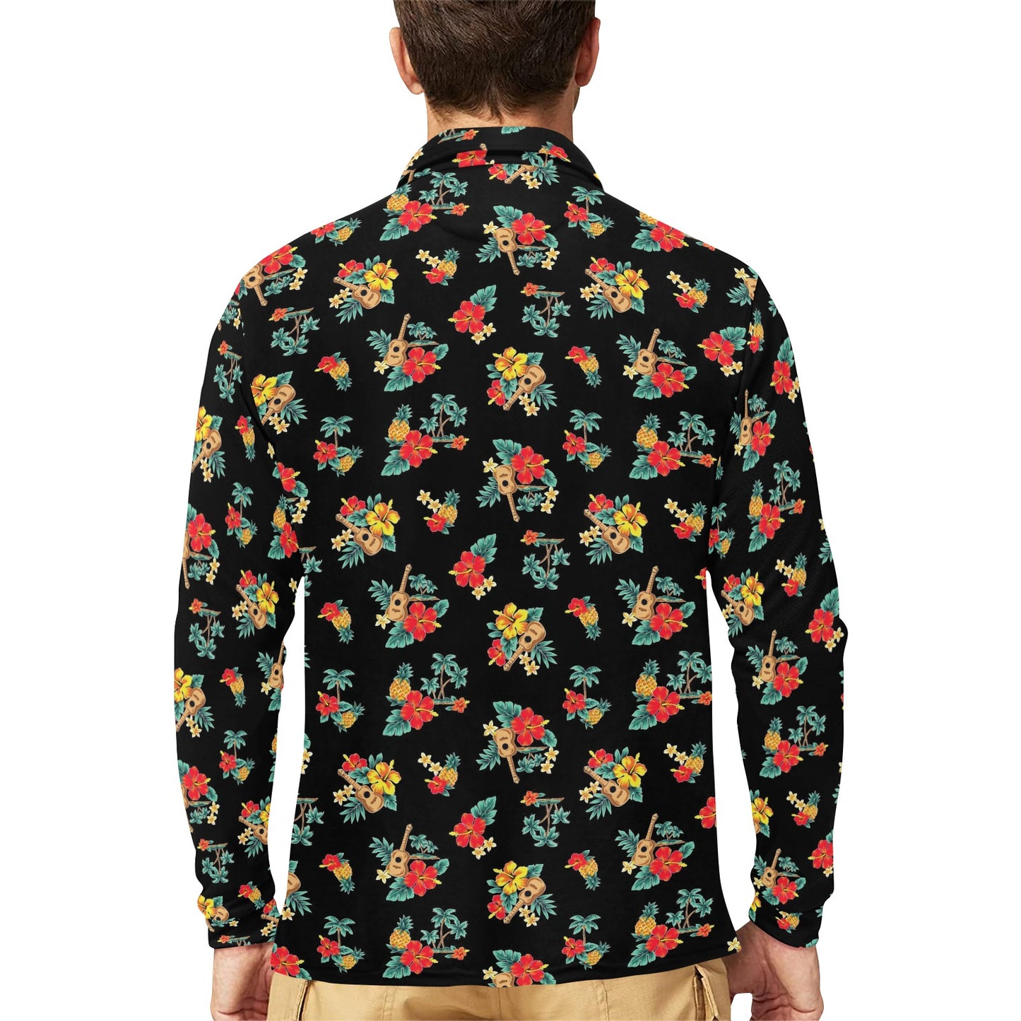 Hawaiian Flower Themed Print Long Sleeve Polo Shirt For Men's