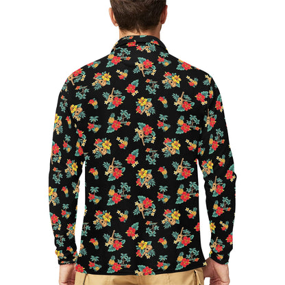 Hawaiian Flower Themed Print Long Sleeve Polo Shirt For Men's