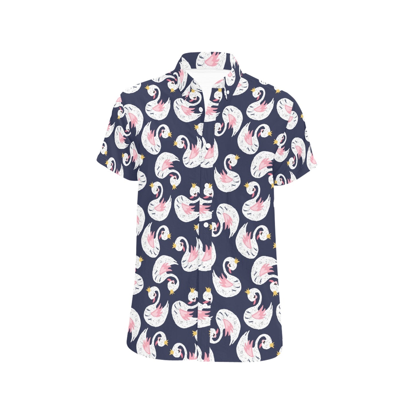 Swan Print Design LKS403 Men Short Sleeve Button Up Shirt