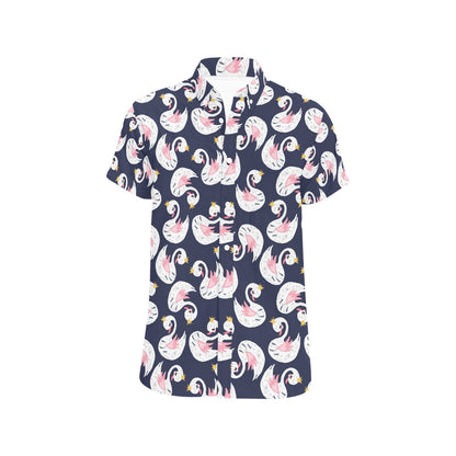 Swan Print Design LKS403 Men Short Sleeve Button Up Shirt