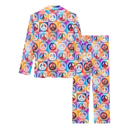 Peace Sign Patchwork Design Print Women's Long Pajama Set