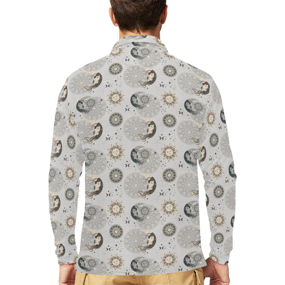 Sun Moon Print Design LKS302 Long Sleeve Polo Shirt For Men's