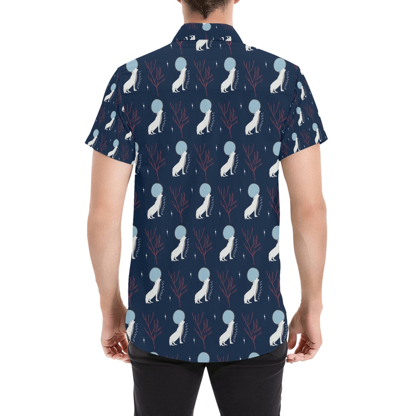 Wolf Moon Print Design LKS304 Men Short Sleeve Button Up Shirt