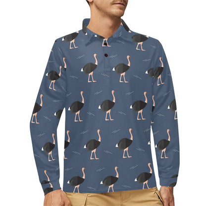 Ostrich Pattern Print Design 04 Long Sleeve Polo Shirt For Men's