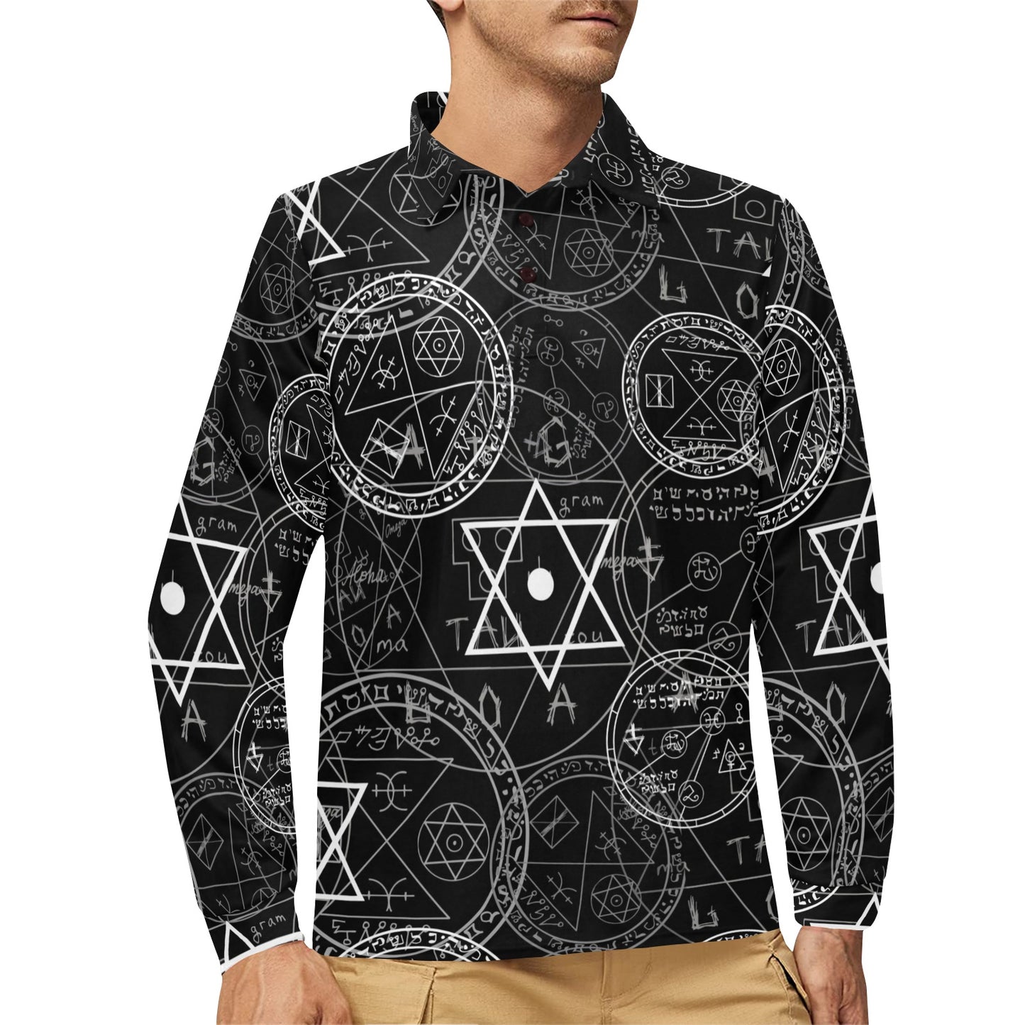 Pentagram Pattern Print Design A01 Long Sleeve Polo Shirt For Men's
