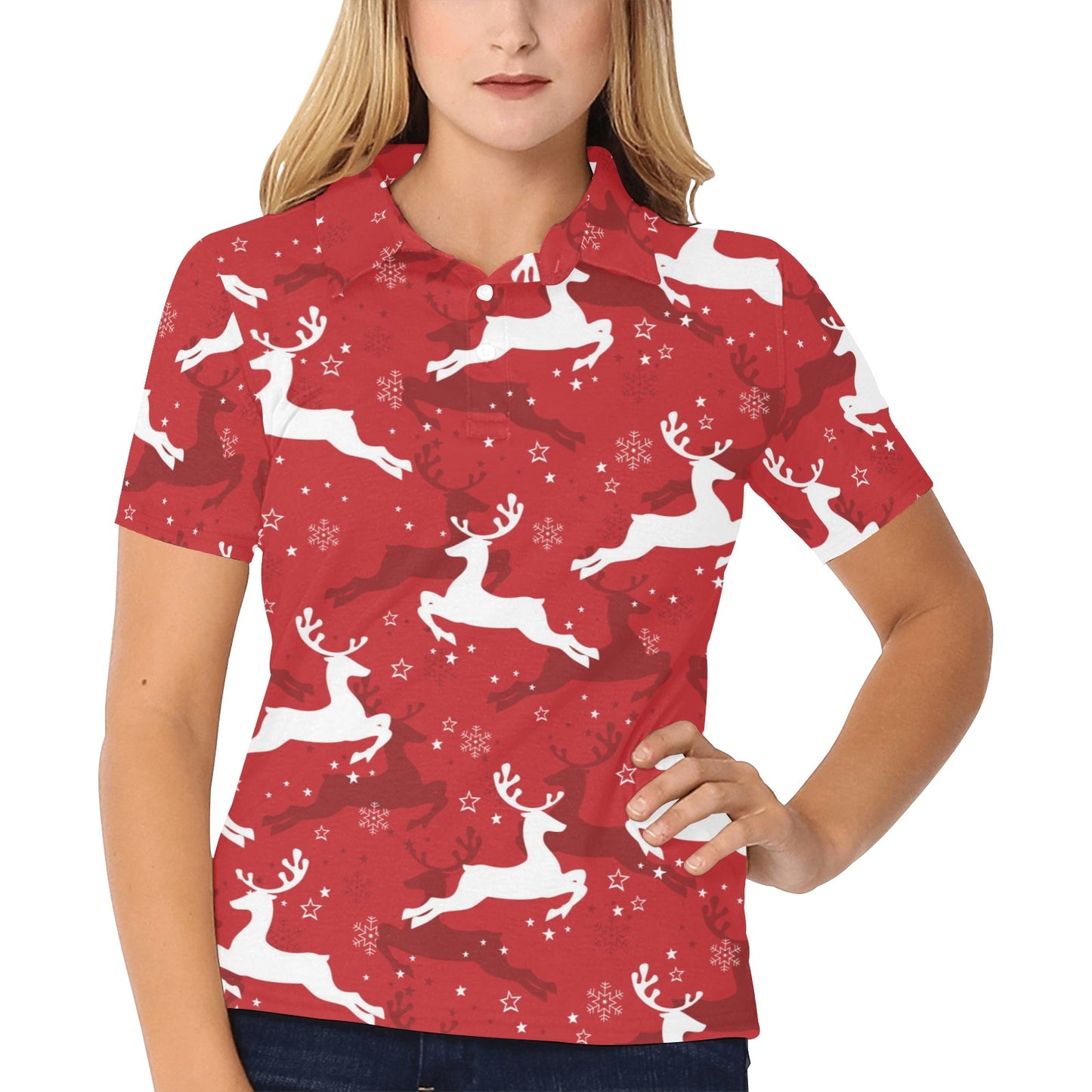 Reindeer Red Pattern Print Design 01 Women's Polo Shirt