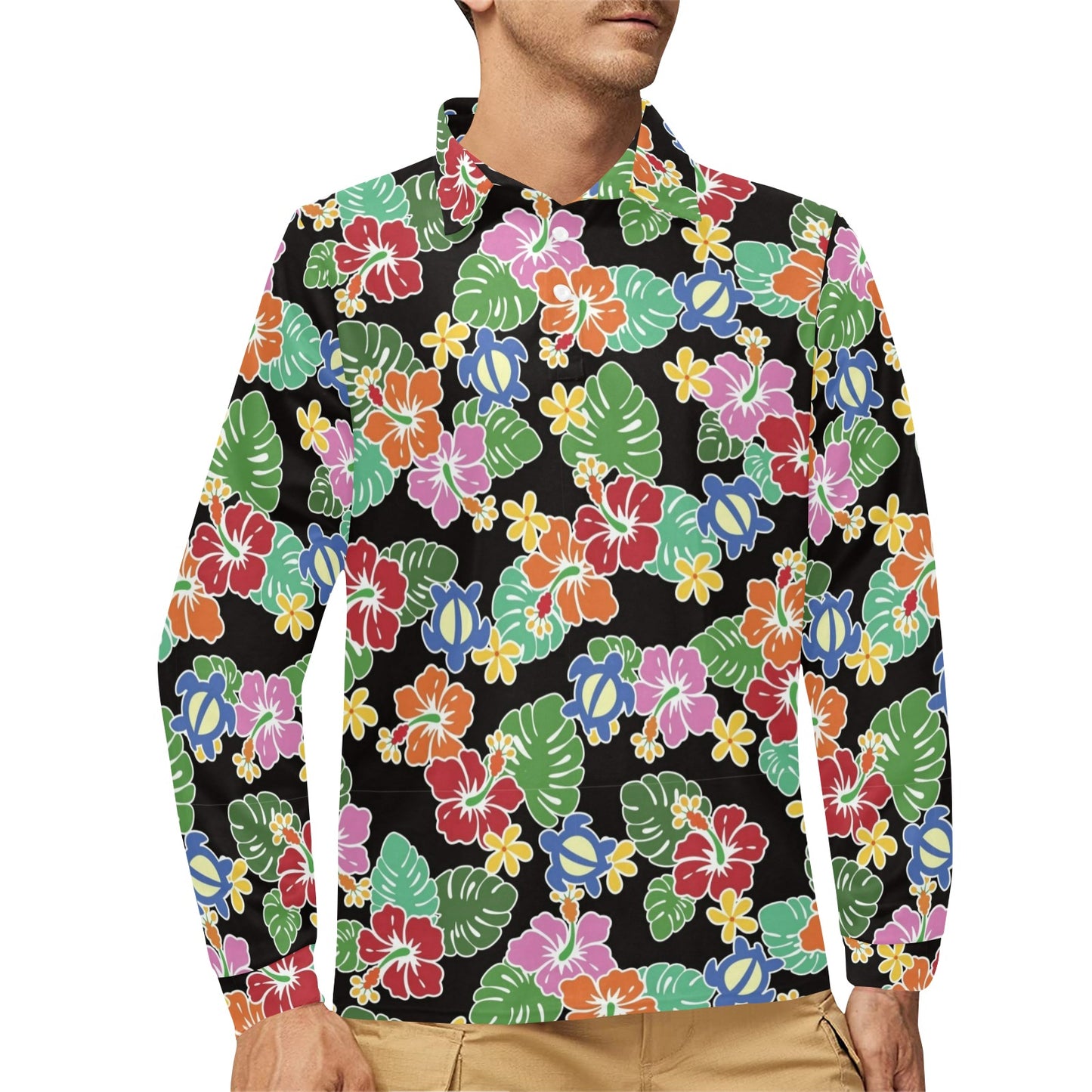 Hawaiian Themed Pattern Print Design H010 Long Sleeve Polo Shirt For Men's