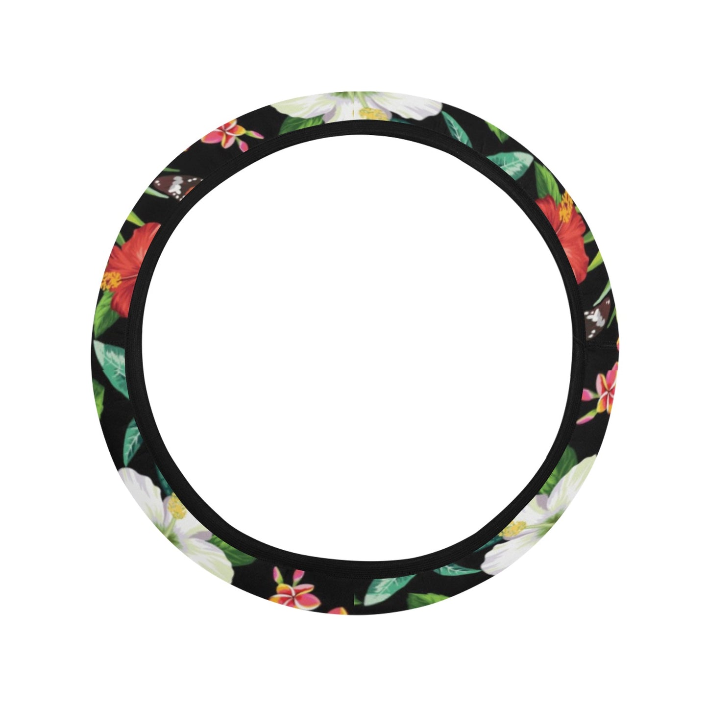 Hibiscus With Butterfly Print Design LKS305 Steering Wheel Cover with Elastic Edge