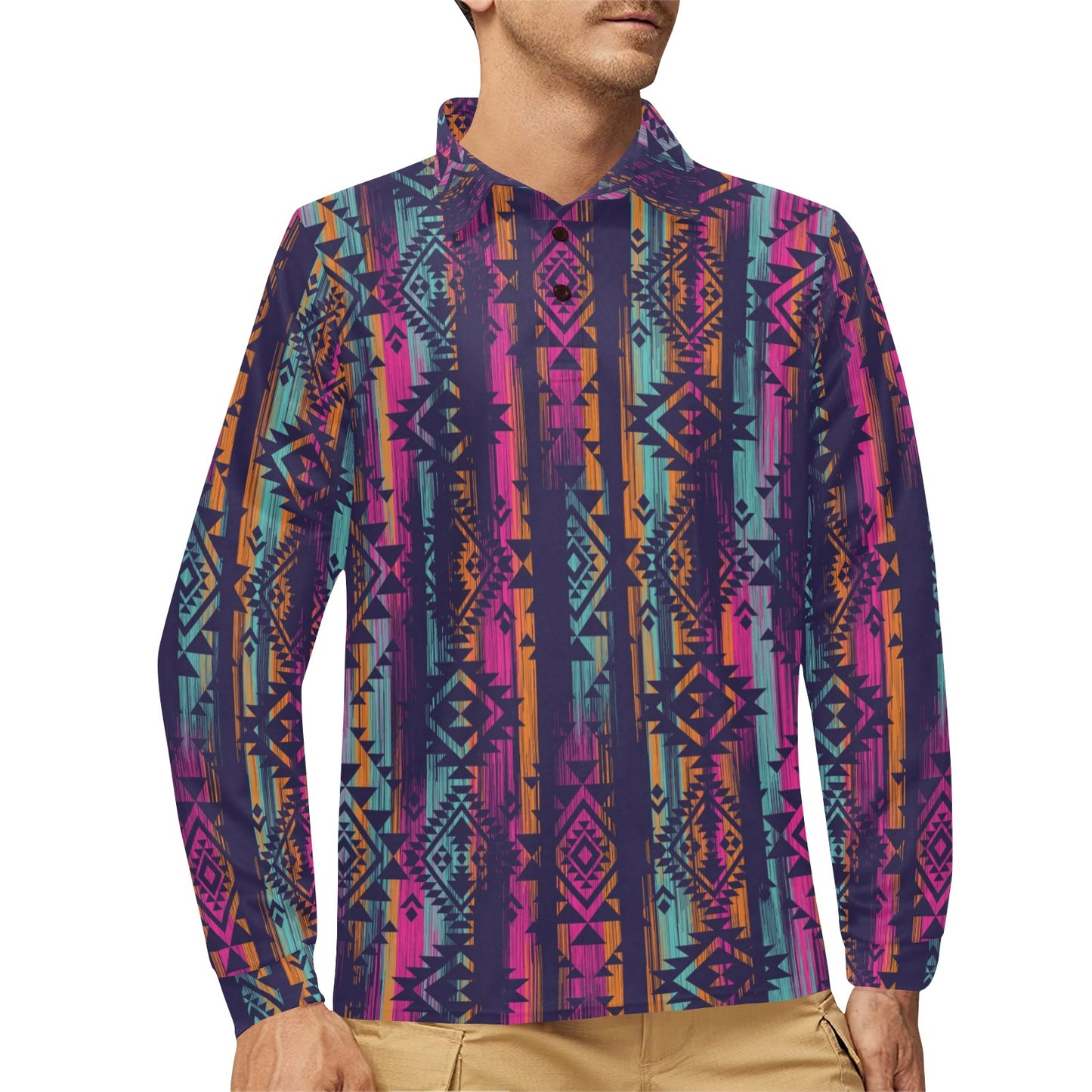 Line Tribal Aztec Long Sleeve Polo Shirt For Men's