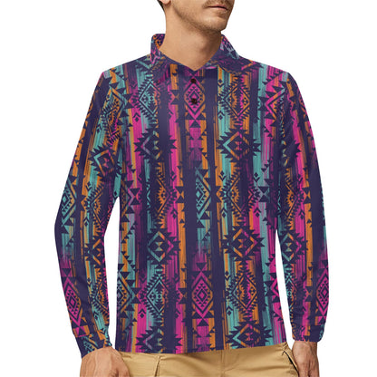 Line Tribal Aztec Long Sleeve Polo Shirt For Men's