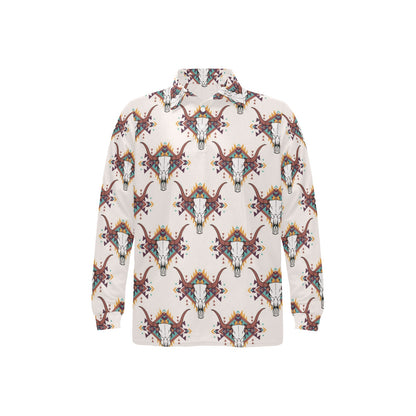 Buffalo Head Pattern Print Design 02 Long Sleeve Polo Shirt For Men's