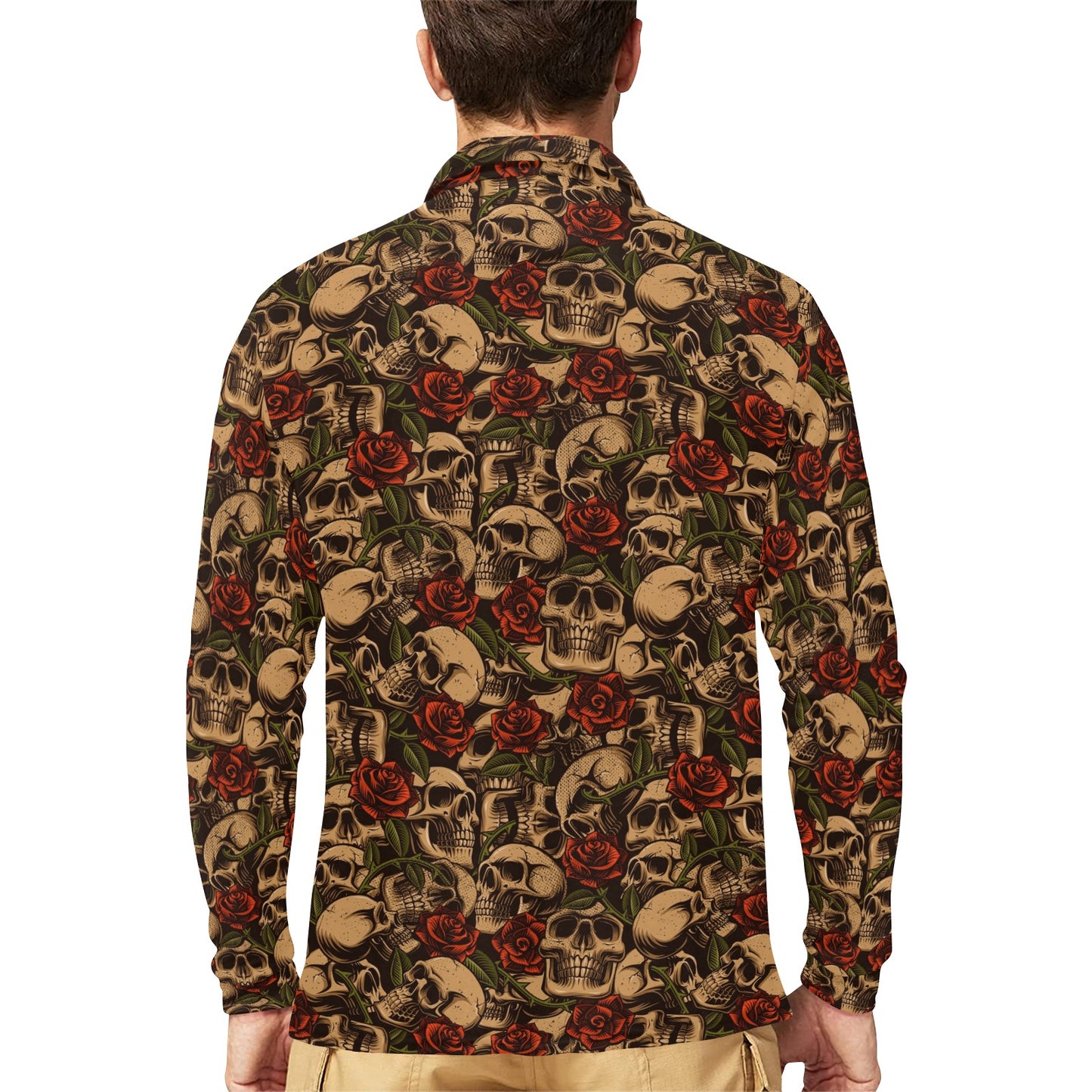 Skull Roses Vintage Design Themed Print Long Sleeve Polo Shirt For Men's
