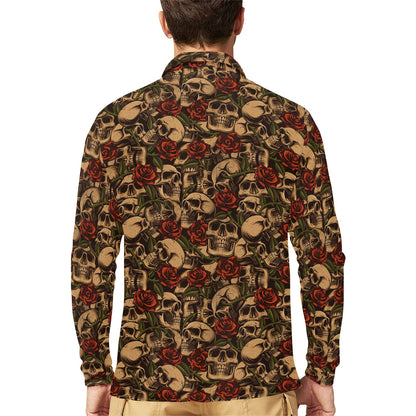 Skull Roses Vintage Design Themed Print Long Sleeve Polo Shirt For Men's