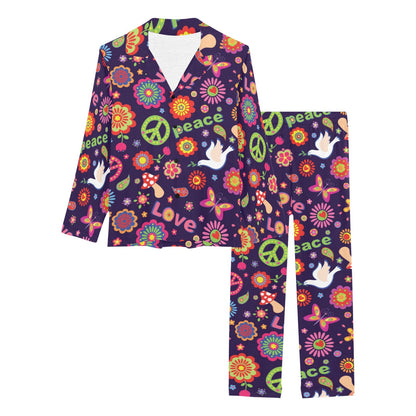 Flower Power Peace Design Print Women's Long Pajama Set