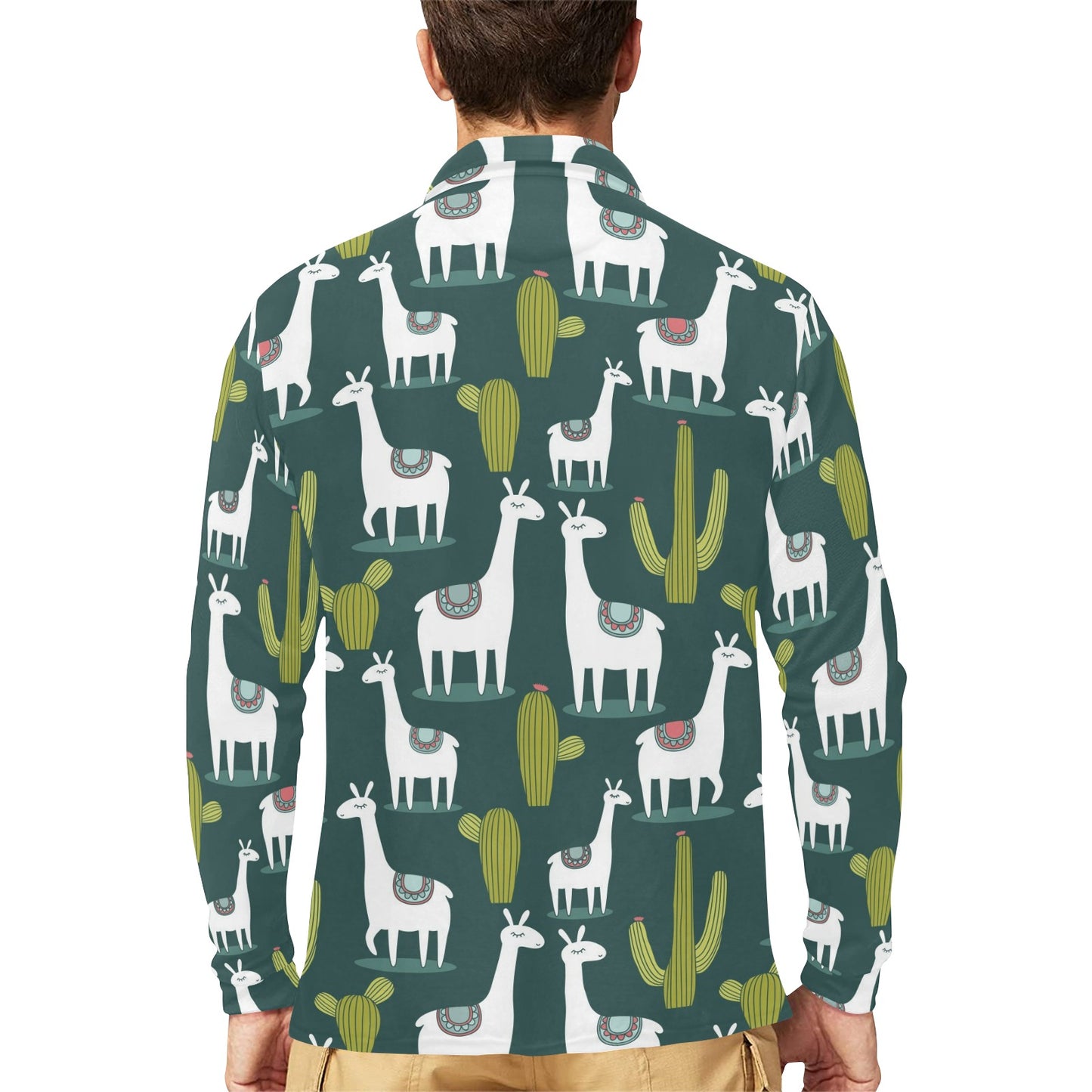 Llama Cactus Pattern Print Design 02 Long Sleeve Polo Shirt For Men's