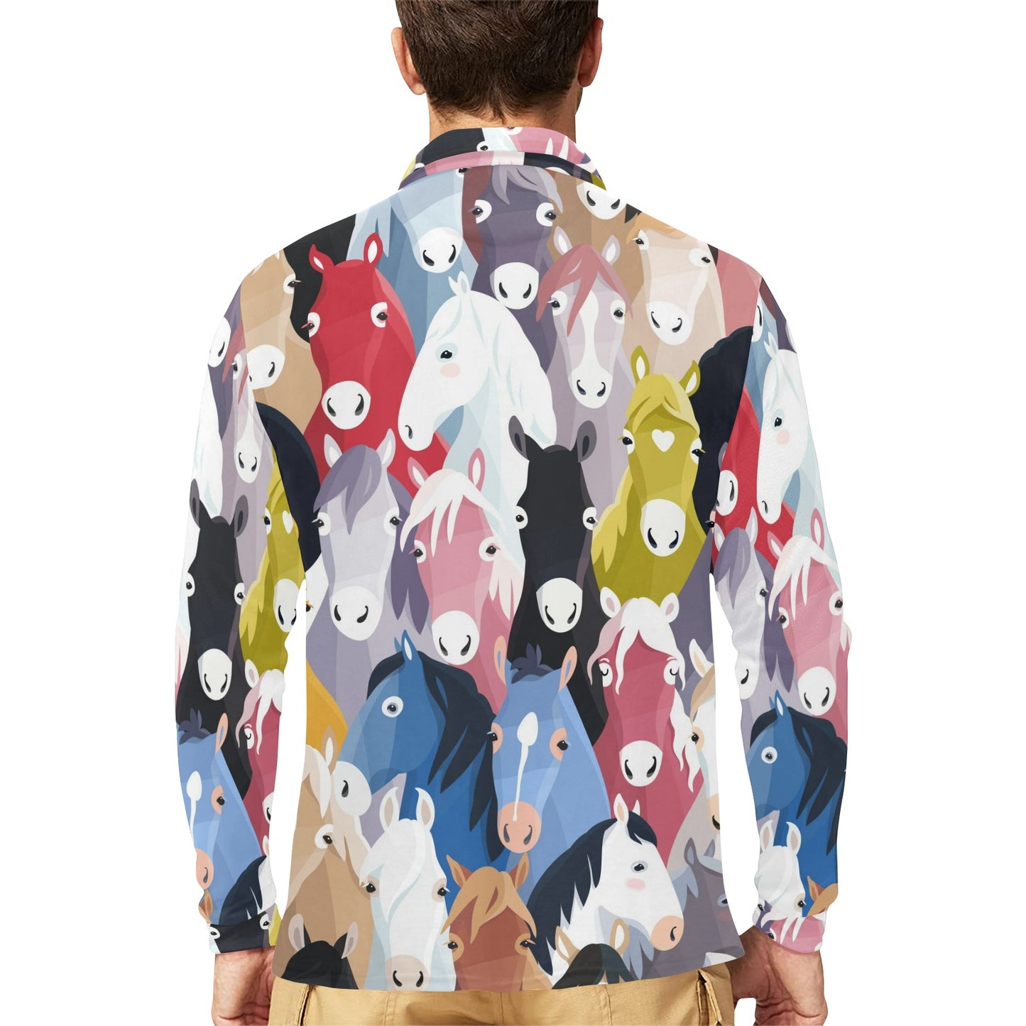 Colorful Horse Pattern Long Sleeve Polo Shirt For Men's