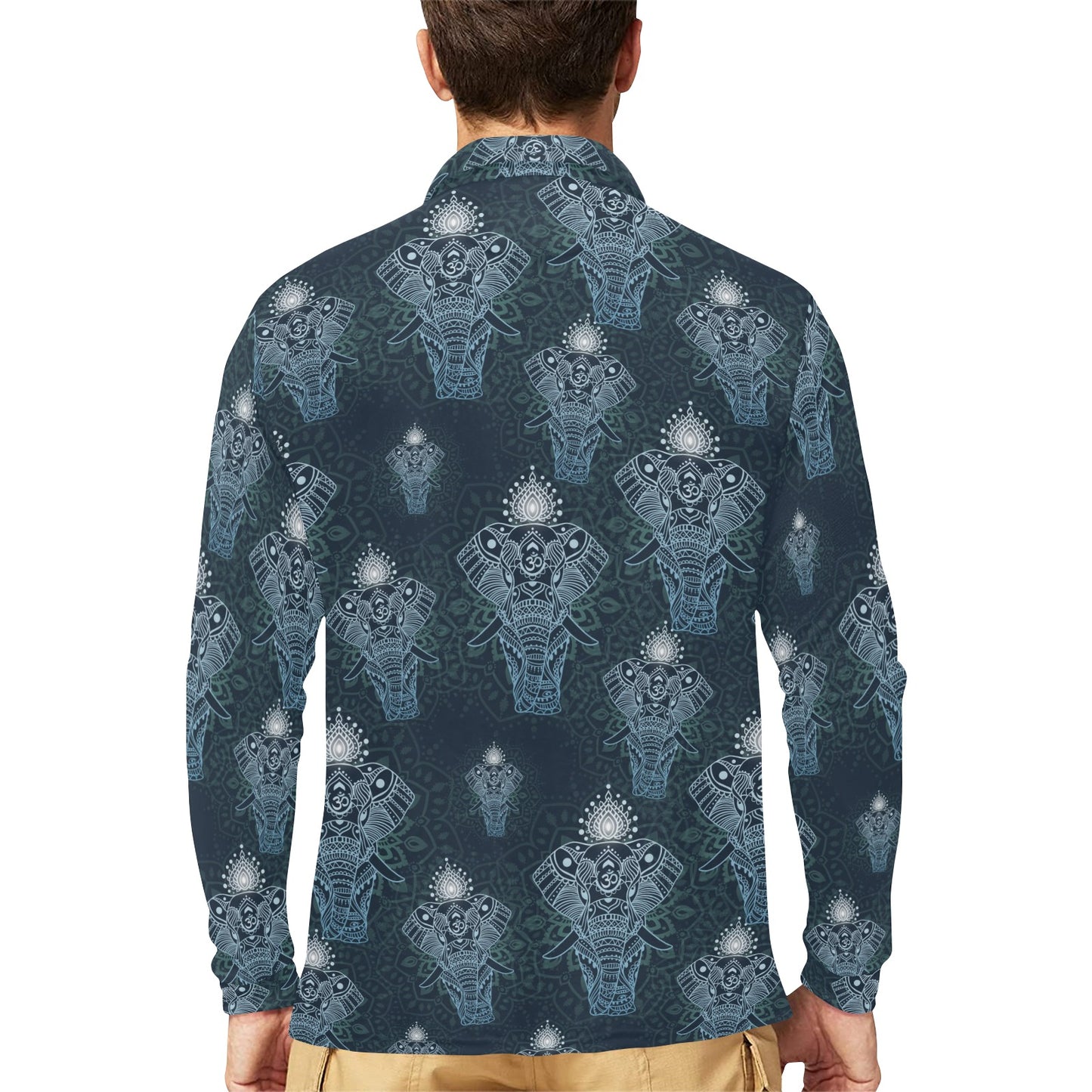 Elephant Mandala Long Sleeve Polo Shirt For Men's