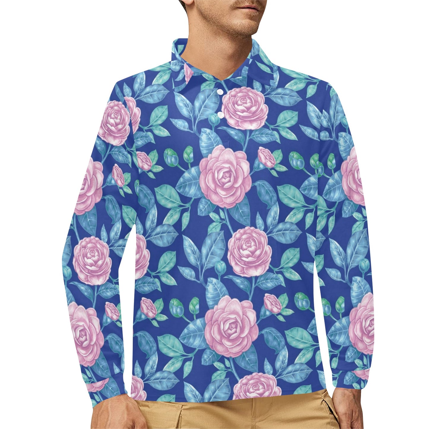 Camellia Pattern Print Design CM05 Long Sleeve Polo Shirt For Men's