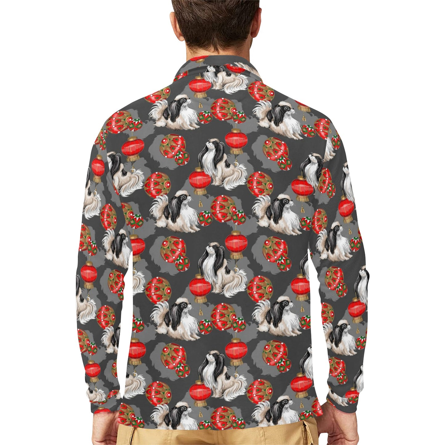 Japanese Chin Pattern Print Design 02 Long Sleeve Polo Shirt For Men's