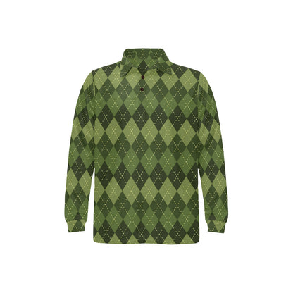 Argyle Green Pattern Print Design 01 Long Sleeve Polo Shirt For Men's