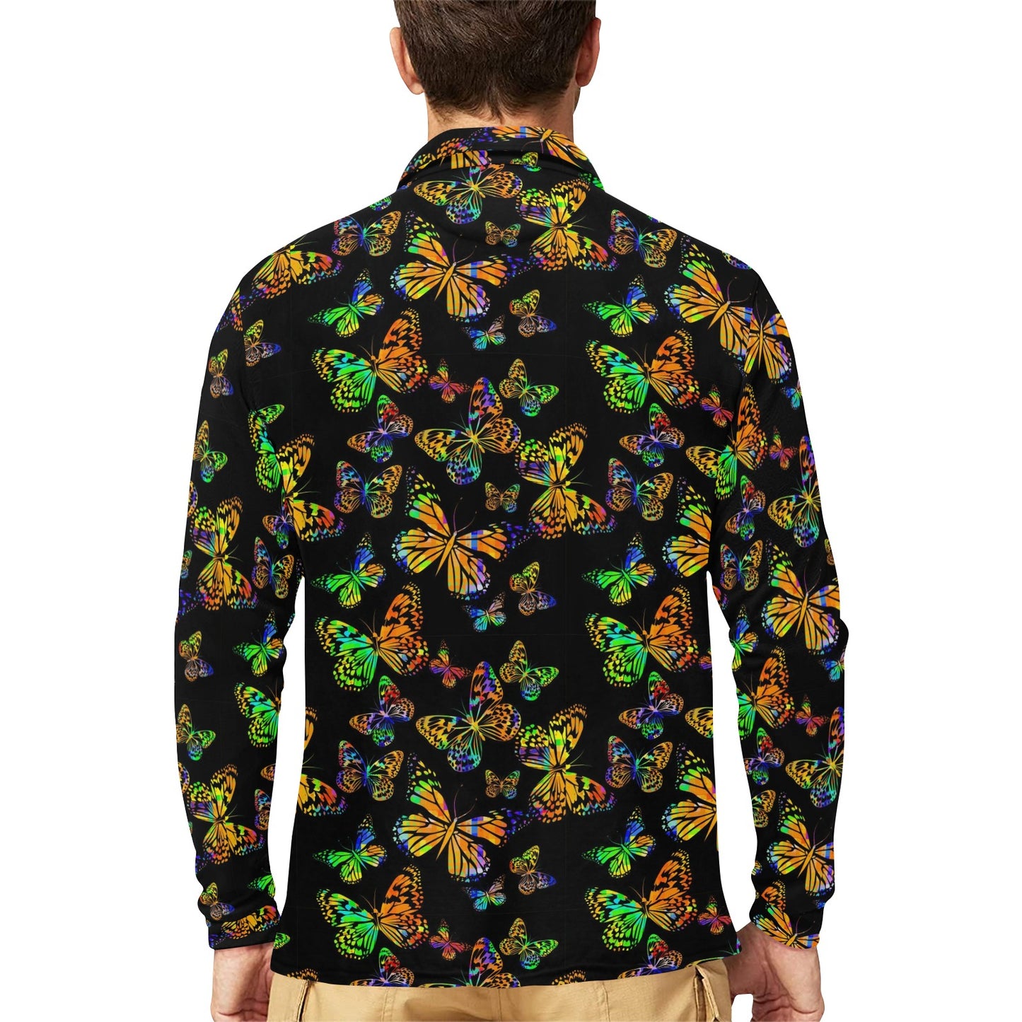 Butterfly Neon Color Print Pattern Long Sleeve Polo Shirt For Men's