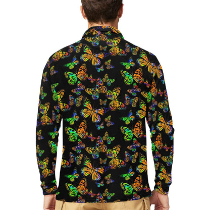 Butterfly Neon Color Print Pattern Long Sleeve Polo Shirt For Men's