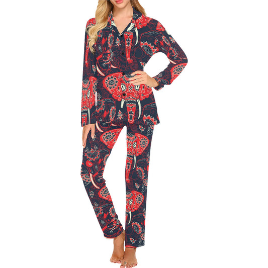 Red Indian Elephant Pattern Women's Long Pajama Set