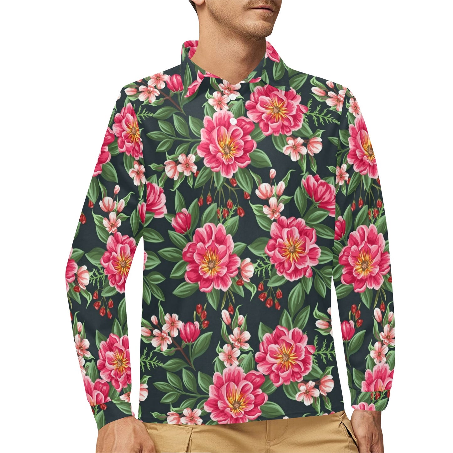 Summer Floral Pattern Print Design SF06 Long Sleeve Polo Shirt For Men's