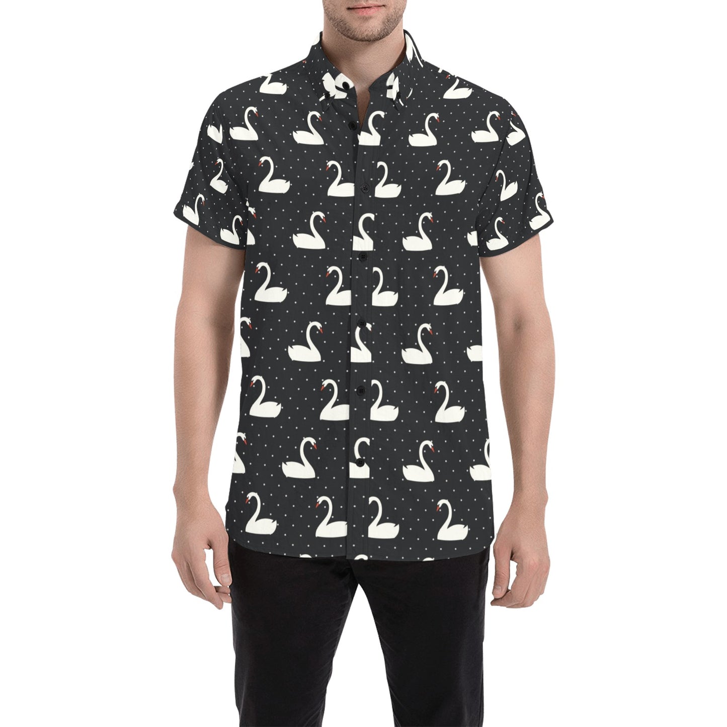 Swan Print Design LKS401 Men Short Sleeve Button Up Shirt
