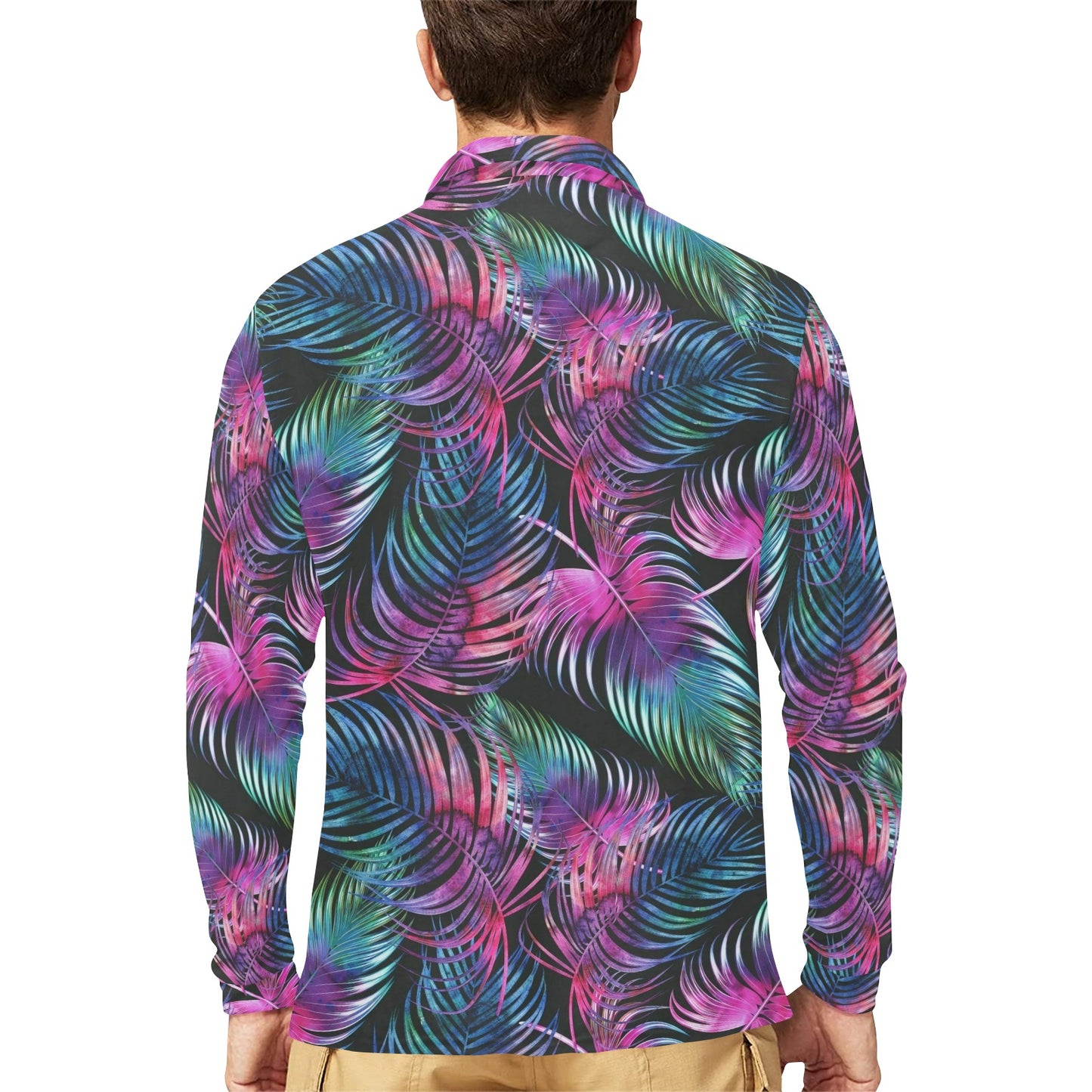 Palm Leaves Pattern Print Design PL010 Long Sleeve Polo Shirt For Men's