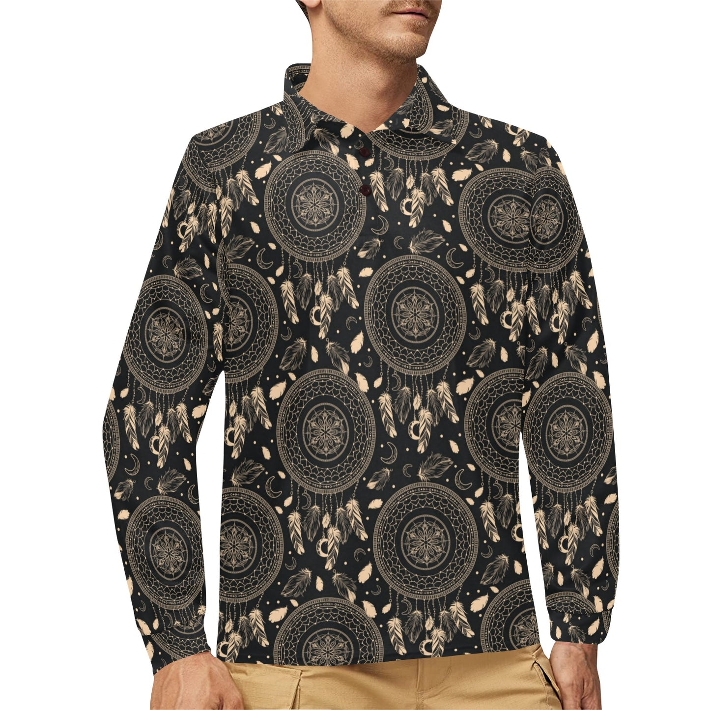 Dream Catcher Mandala Boho Moon Long Sleeve Polo Shirt For Men's