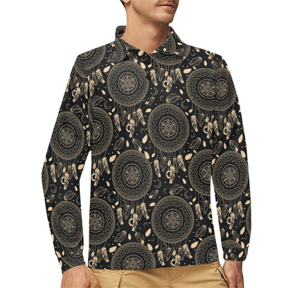 Dream Catcher Mandala Boho Moon Long Sleeve Polo Shirt For Men's