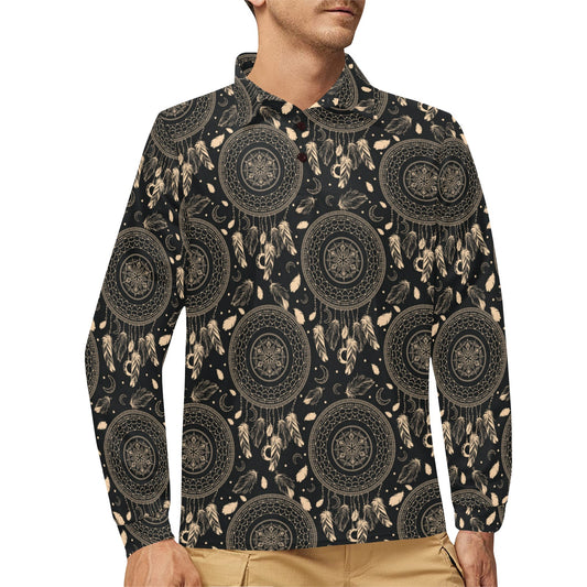Dream Catcher Mandala Boho Moon Long Sleeve Polo Shirt For Men's