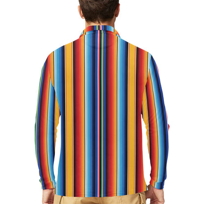 Mexican Blanket Stripe Print Pattern Long Sleeve Polo Shirt For Men's